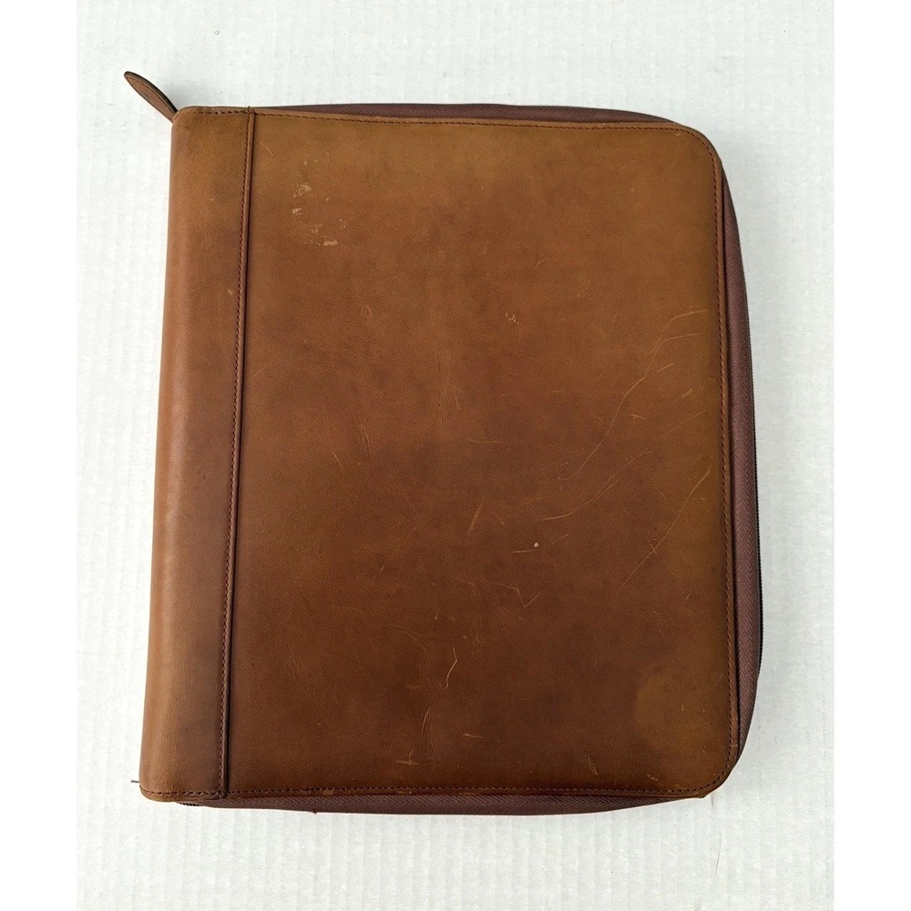 Day-Timer Genuine Leather Zip Around Planner Organizer 3 Ring Binder Brown 11x13